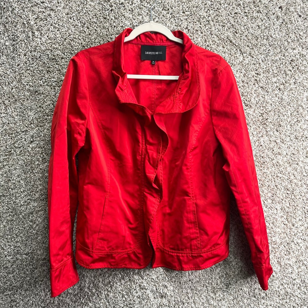 Lafayette 148 New York Jacket Women's 14 Red Ruffle Collar Zip Front Lightweight